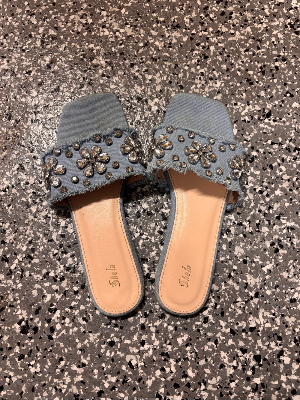 Stelah Light Blue Denim Slide Sandals with Crystal Flower Accents
